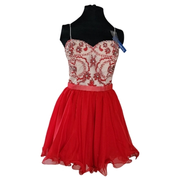 NWT Narianna Prom‎ Illusion Embellished Red Mini Dress Jr Large - Picture 1 of 8